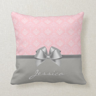 Elegant Damask Pattern Pink and Grey Personalized Throw Pillow