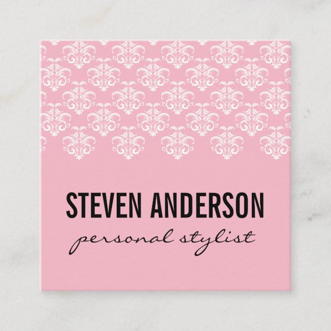 Elegant Damask Pattern / Pink Square Business Card (Front)