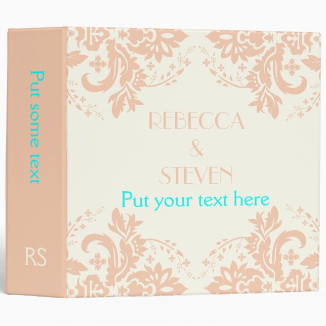 Elegant damask peach, aqua, ivory wedding planner binder (Front/Spine)