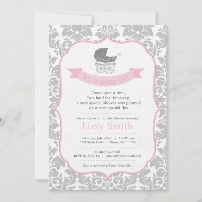 Elegant Damask & Pram Baby Shower Invitation (Front)