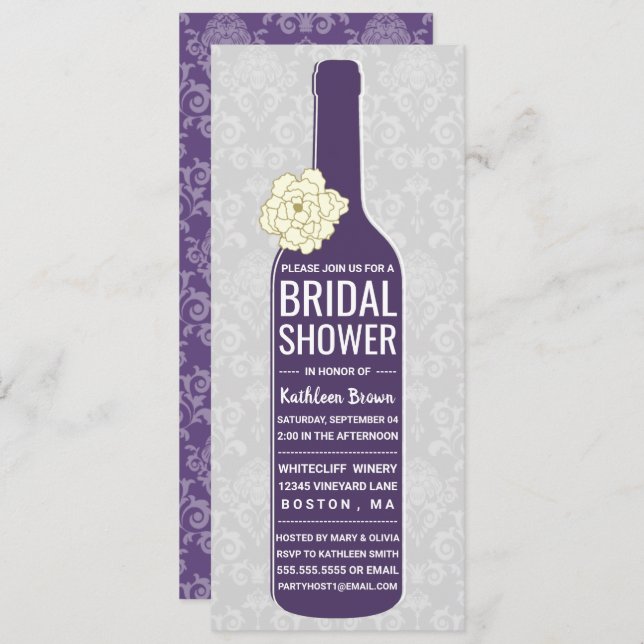 Elegant Damask Purple Grey | Wine Bridal Shower Invitation (Front/Back)