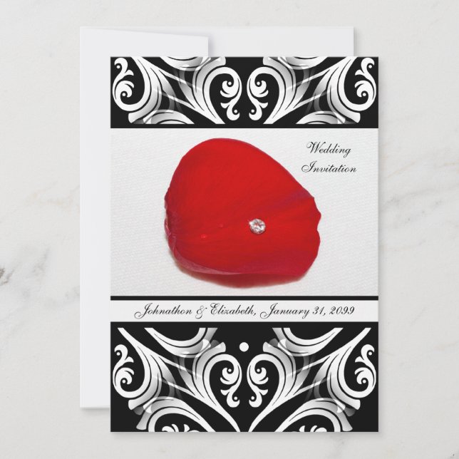 Elegant Damask Red Rose Petal Wedding Announcement (Front)