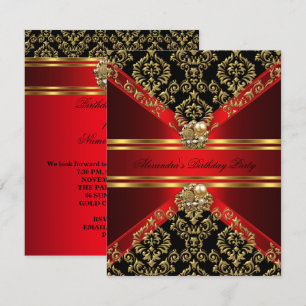 Elegant Damask Regal Red Gold Black Birthday Invitation