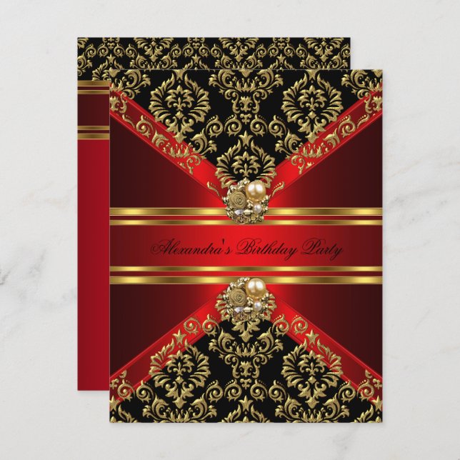 Elegant Damask Regal Red Gold Black Birthday Invitation (Front/Back)