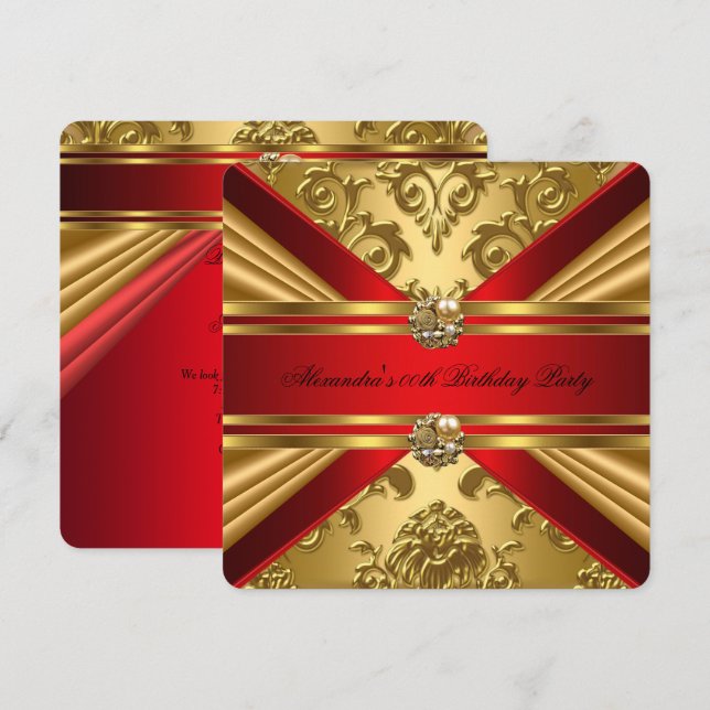 Elegant Damask Regal Red Gold Floral Birthday 5 Invitation (Front/Back)