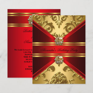 Elegant Damask Regal Red Gold Floral Birthday Invitation