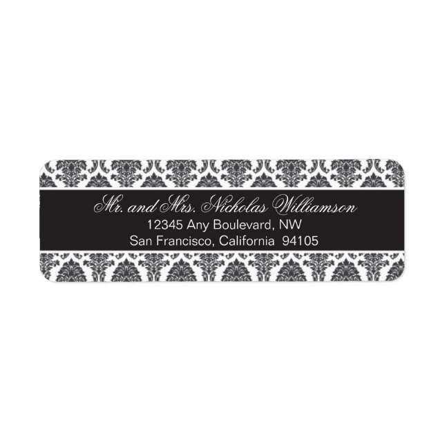 Elegant Damask Return Address Label (black) (Front)
