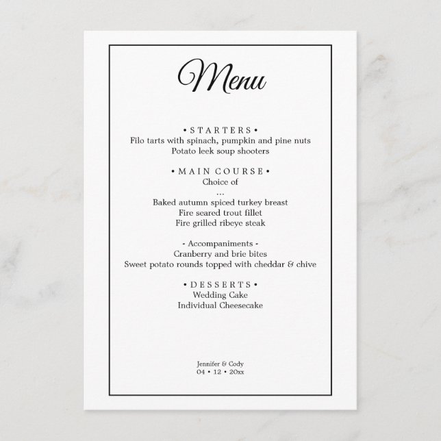 Elegant Damask Simple Minimal Menu Mariage (Devant)