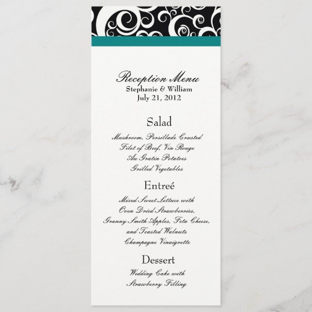 Elégant Damask Swirls Accueil Menu en Turquoise (Devant)