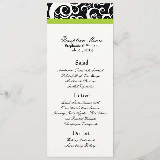 Elegant Damask Swirls Reception Menu in Green (Front)