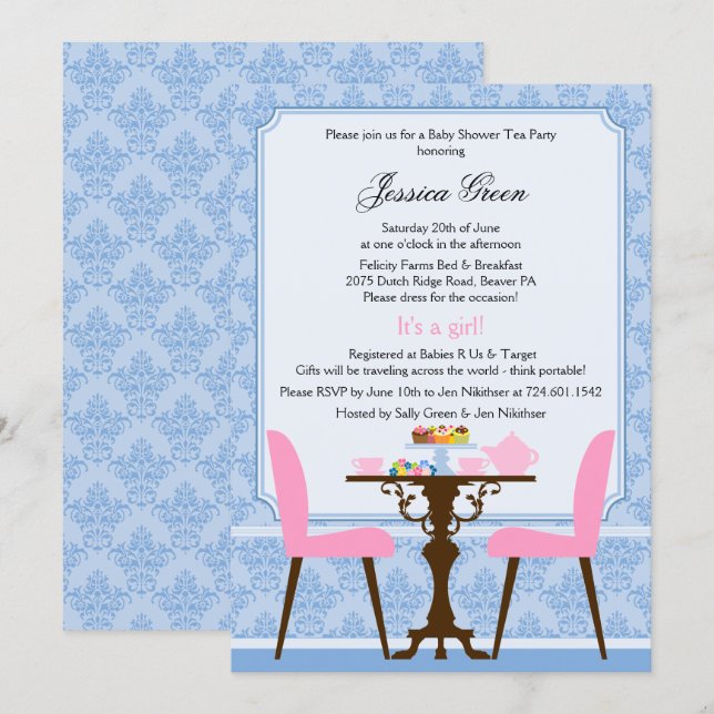 Elegant Damask Tea Party Invitation (Front/Back)