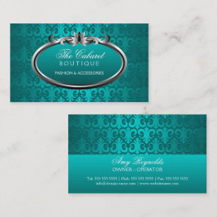 Elegant Damask Teal Silver Shimmer Business Card