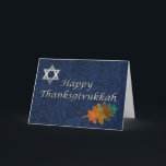 Elegant Damask Thanksgivukkah Custom Holiday Card<br><div class="desc">Beautiful custom ThanksWarukkah greeting card done in a blue on blue damask pattern,  with graphic artwork of a silver Star of David,  and a Fall leaf.  Silver tone graphic text,  on the front reads,  Happy ThanksWarukkah.  Customize the text inside to read what you want.</div>