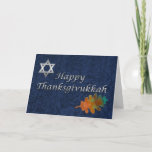 Elegant Damask Thanksgivukkah Custom Holiday Card<br><div class="desc">Beautiful custom ThanksWarukkah greeting card done in a blue on blue damask pattern,  with graphic artwork of a silver Star of David,  and a Fall leaf.  Silver tone graphic text,  on the front reads,  Happy ThanksWarukkah.  Customize the text inside to read what you want.</div>