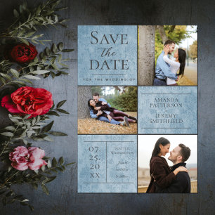 Elegant Damask Three Photo Collage   Blue Save The Date