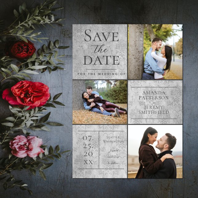 Elegant Damask Three Photo Collage | Grey Save The Date (Elegant Damask Three Photo Save the Date - Gray)