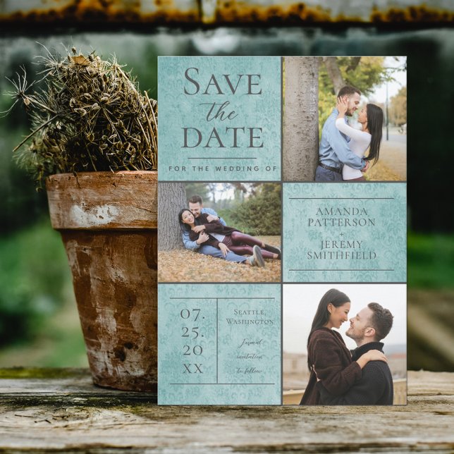 Elegant Damask Three Photo | Teal Save the Date (Creator Uploaded)