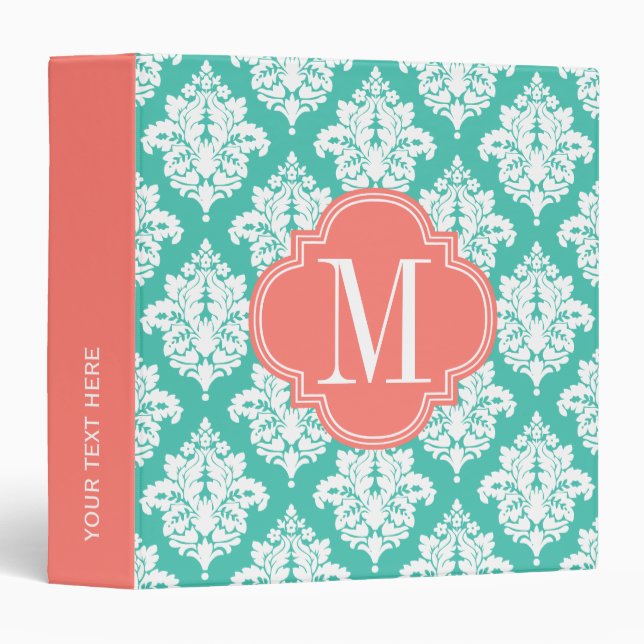 Elegant Damask Turquoise & Coral Custom Monogramme Binder (Front/Spine)