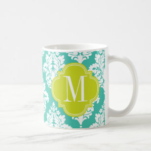 Elegant Damask Turquoise & green Custom Monogramme Coffee Mug