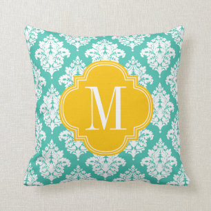 Elegant Damask Turquoise & Yellow Custom Monogramm Throw Pillow