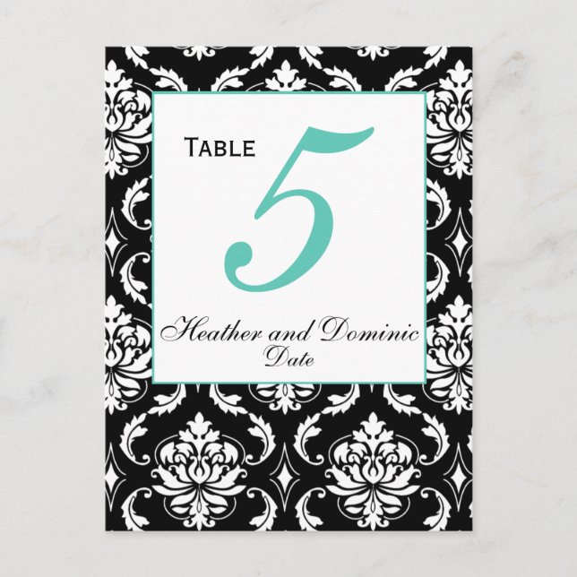 Elegant Damask Wedding Table Number Card 5 (Front)