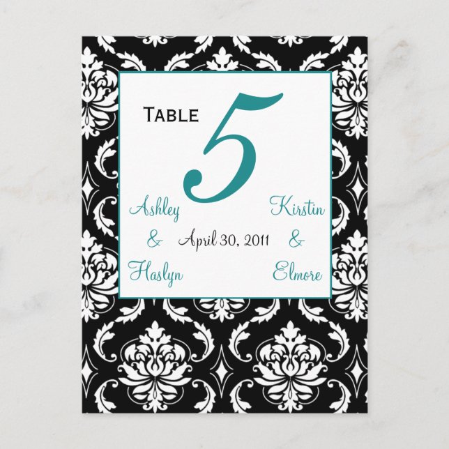 Elegant Damask Wedding Table Number Card Jade (Front)