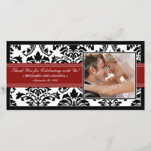 Elegant Damask Wedding Thank You Photocard: red