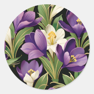 Elegant Damask with Crocus Flowers Classic Round Sticker