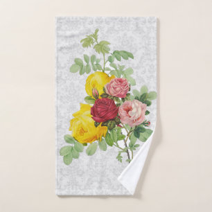 Elegant Damask with Yellow Pink and Red Roses Hand Towel