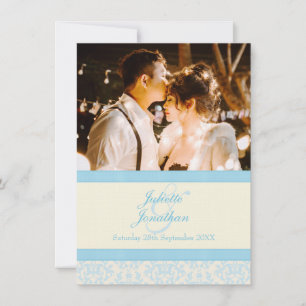 Elégant damassé bleu & crème faire-part de mariage