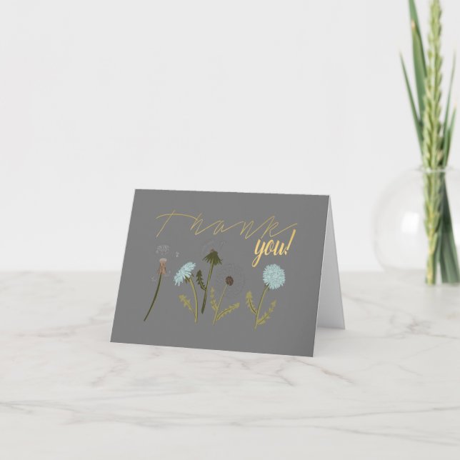 Elegant Dandelion Grey Blue Flowers Thank You Card (Front)