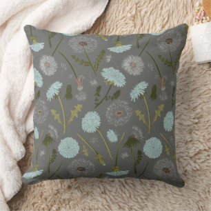 Elegant Dandelion Grey Blue Flowers  Throw Pillow
