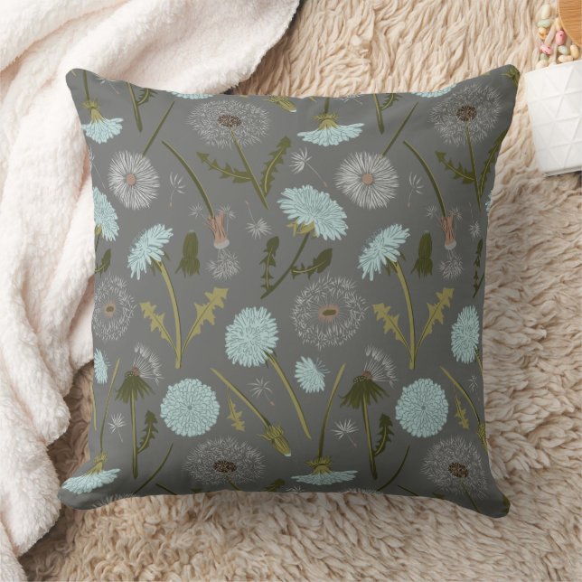 Elegant Dandelion Grey Blue Flowers  Throw Pillow (Blanket)