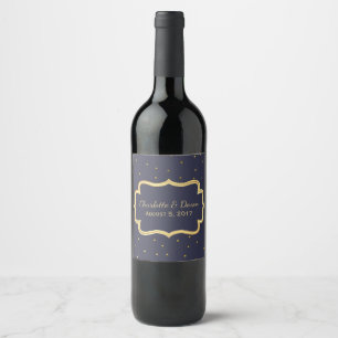 Elegant Dark Blue and Gold Wedding Wine Label