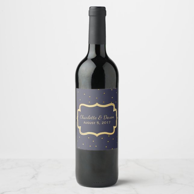 Elegant Dark Blue and Gold Wedding Wine Label (Front)