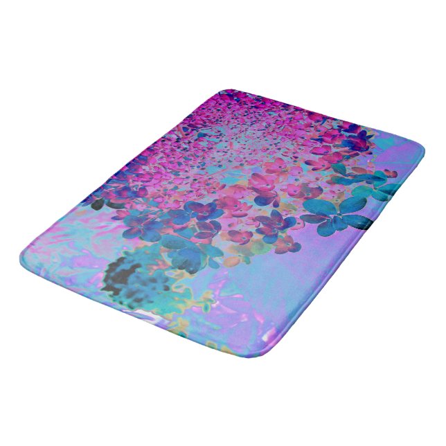 Elegant Dark Blue and Magenta Limelight Hydrangea Bath Mat (Angled)