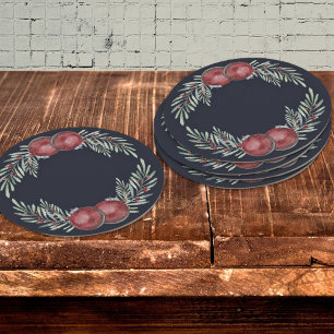 Elegant Dark Blue Christmas Ornament Red Berries Round Paper Coaster