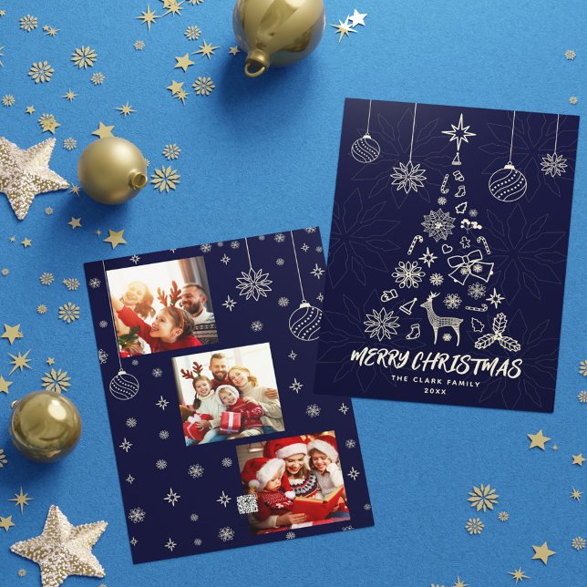 Elegant Dark Blue Christmas Tree 3 Photo Collage Holiday Card (Elegant Dark Blue Christmas Tree 3 Photo Collage Holiday Card)