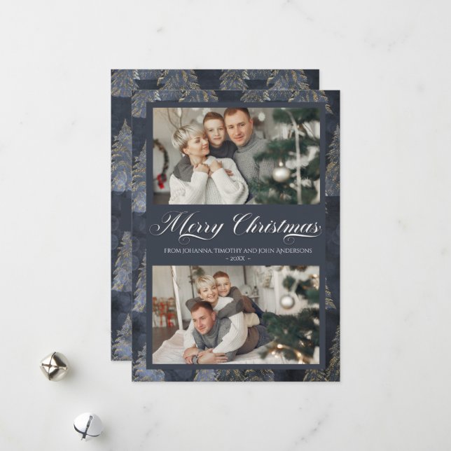 Elegant Dark Blue Christmas Tree  Family Photo Holiday Card (Front/Back In Situ)