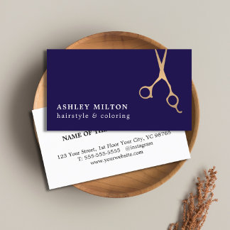 Elegant Dark Blue Faux Golden Scissors Hairstylist Business Card