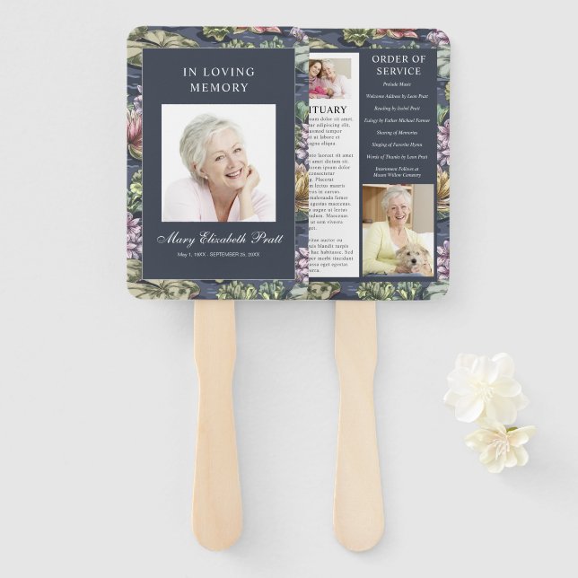 Elegant Dark Blue Floral 3 Photo Funeral Program Hand Fan (Front and Back)