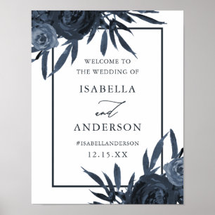 Elegant Dark Blue Floral Wedding Welcome Sign