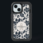 Elegant Dark Blue Floral with Monogram and Name iPhone 15 Case<br><div class="desc">Delicate blue flowers, elegantly sprawled across the cream canvas, evoke a sense of natural beauty and grace. Each bloom is intricately detailed, showcasing the finest craftsmanship that brings the floral pattern to life. The calming cream background serves as a perfect backdrop, creating a harmonious balance that enhances the overall aesthetic....</div>