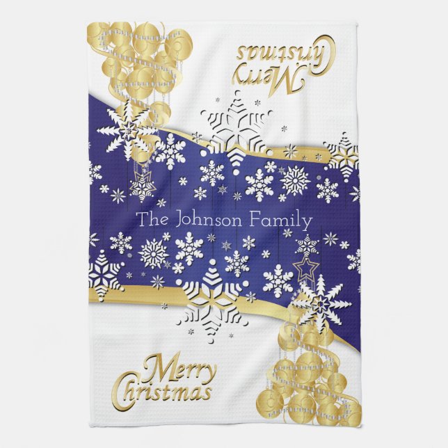 Elegant Dark Blue, Gold and White Christmas Kitchen Towel (Vertical)