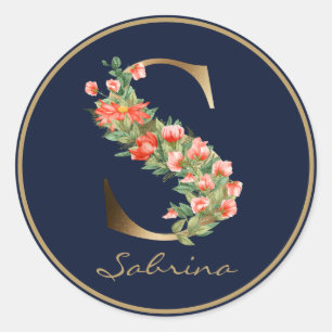 Elegant Dark Blue Gold Floral Monogram Letter S Classic Round Sticker
