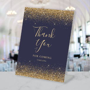 Elegant Dark Blue Gold Glitter Wedding Thank You Pedestal Sign
