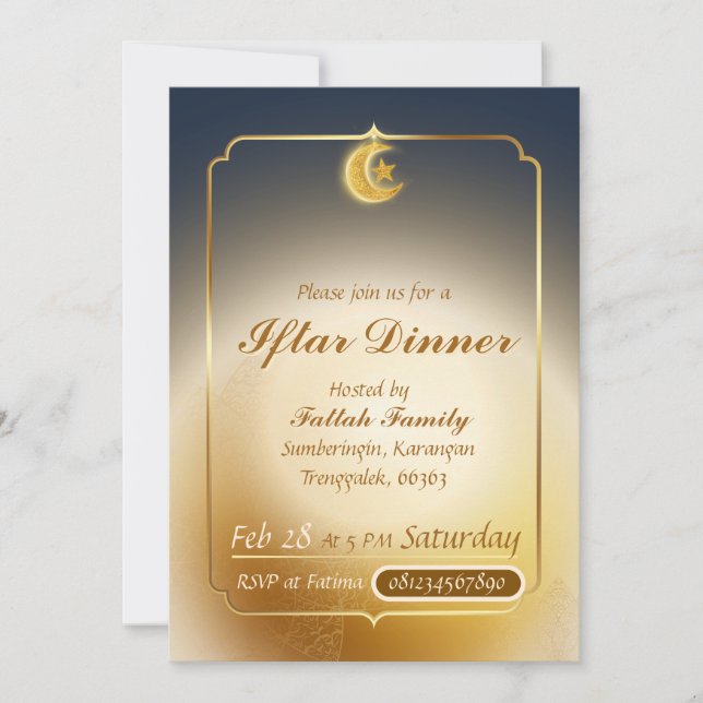 Elegant Dark Blue & Gold Iftar Party Invitation (Front)
