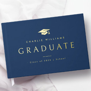 Elegant dark blue graduation cap graduate name guest book