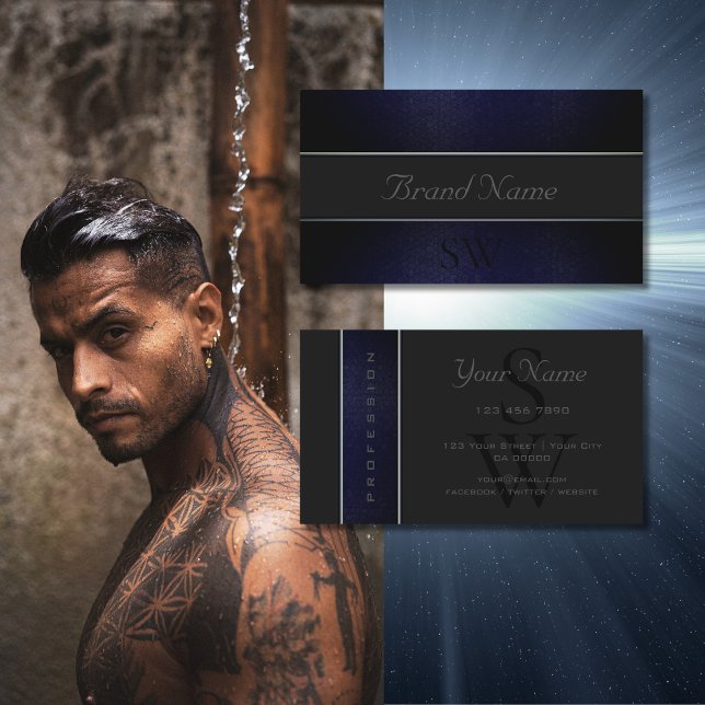 Elegant Dark Blue Grey Snake Pattern with Monogram Business Card (Creator Uploaded)