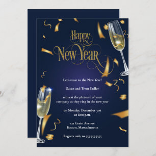 Elegant Dark Blue New Years Eve Party Invitation